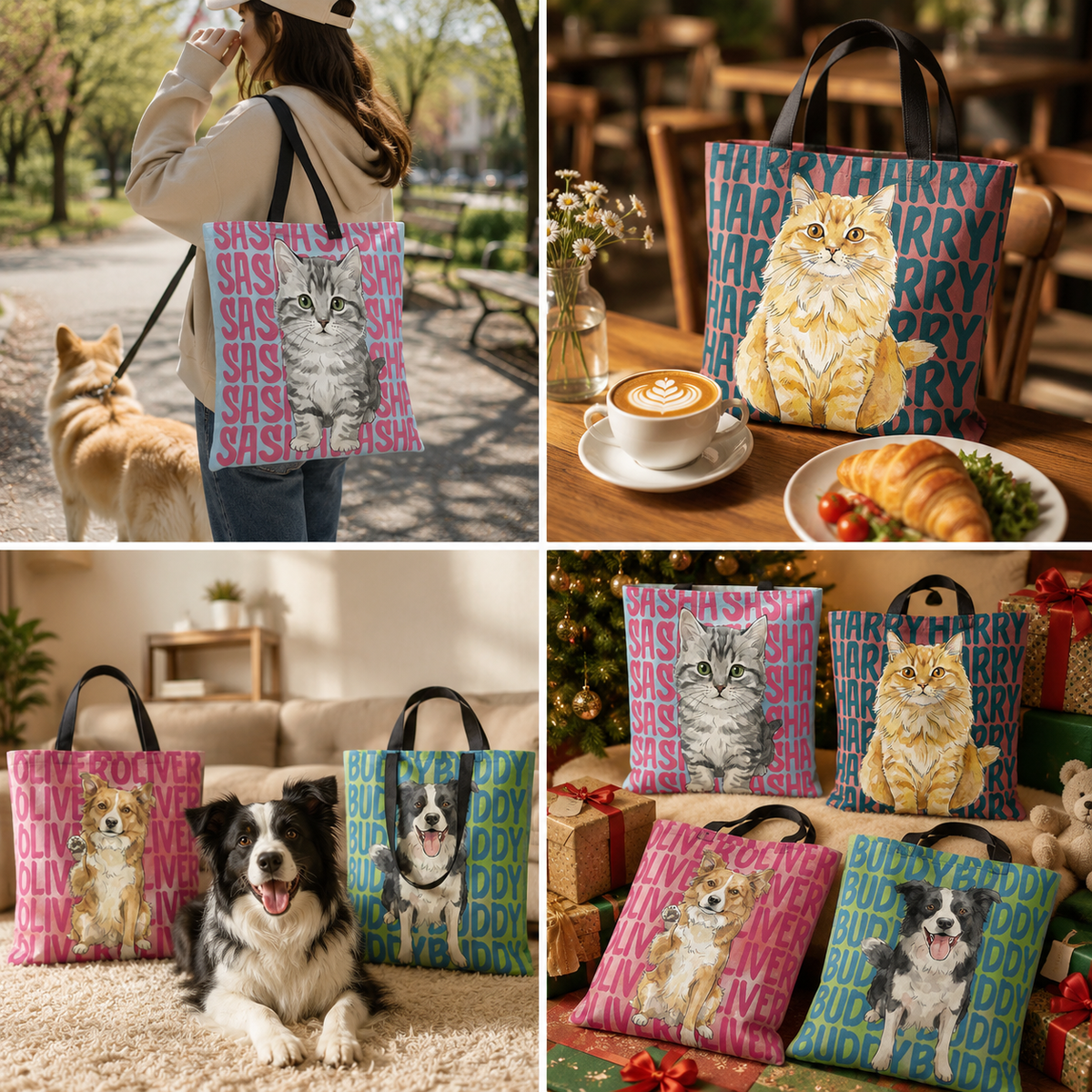 Personalized Pet Portrait Tote Bag with Name, Custom Watercolor Dog Cat Photo Bag, Gift for Dog Mom Cat Mom Pet Lover