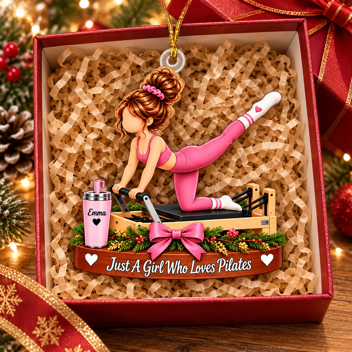 Personalized Pilates Girl 3D Effect Christmas Ornament – Custom Name Pilates Lover Gift Keepsake