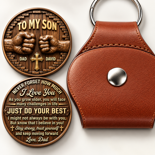 Personalized Pocket Hug 3D Effect for Son Grandson, To My Son My Boy Stainless Steel Token with PU Leather Holder, Gift from Mom Dad Grandma Grandpa