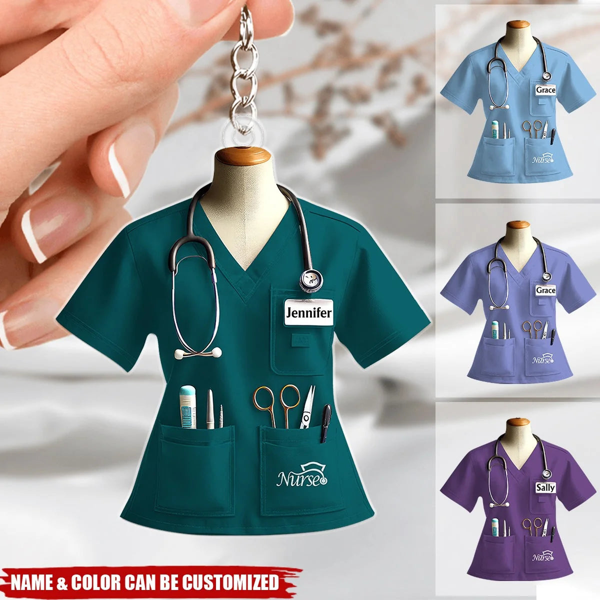 Personalized Nurse Uniform Keychain with Name, Custom Scrubs Acrylic Key Ring, Gift for RN Nurse Nursing Student Healthcare Worker