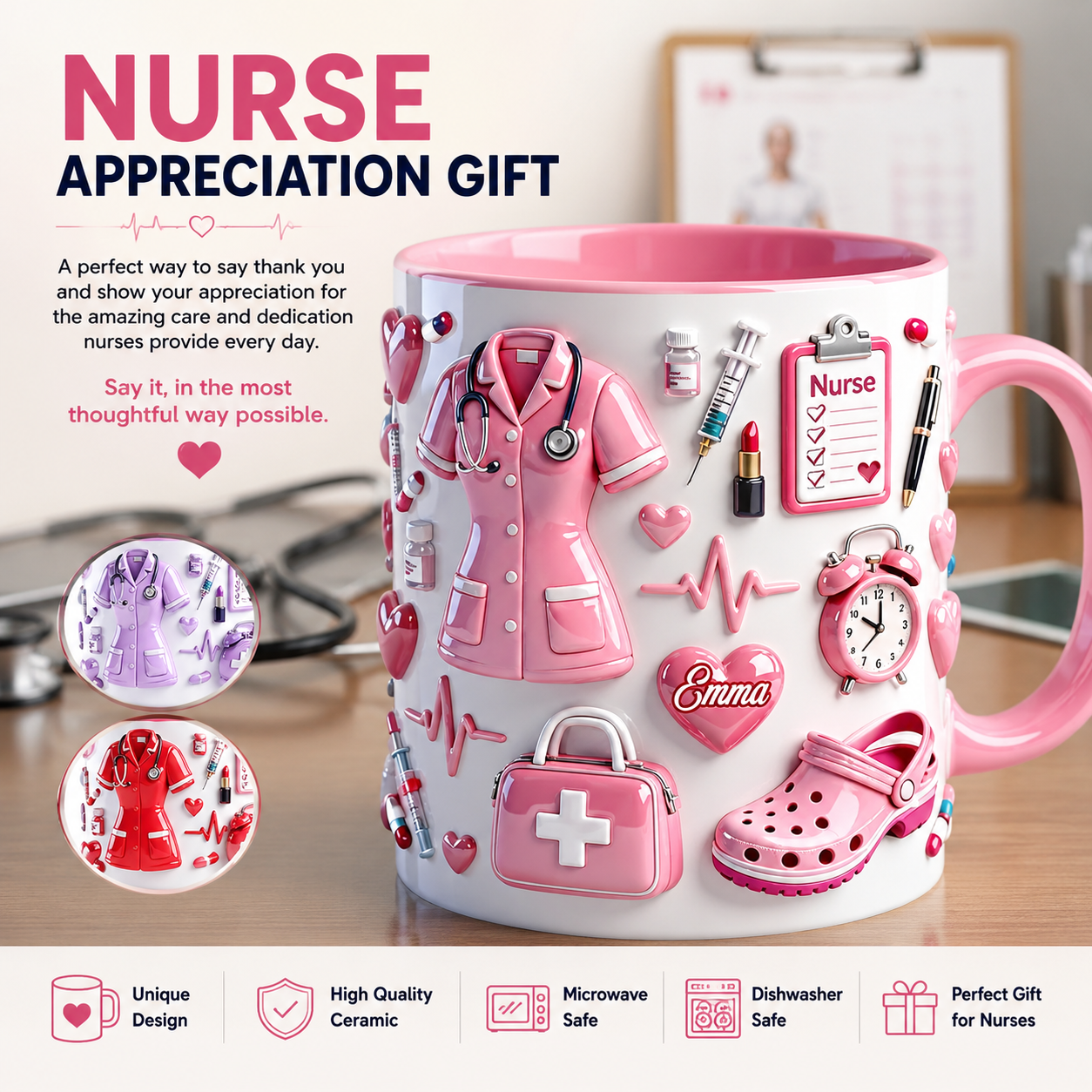 Nurse Life Personalized Accent Mug 3D Effect  – Custom Name Nurse Coffee Mug Gift for Nurses, RNs & Healthcare Heroes