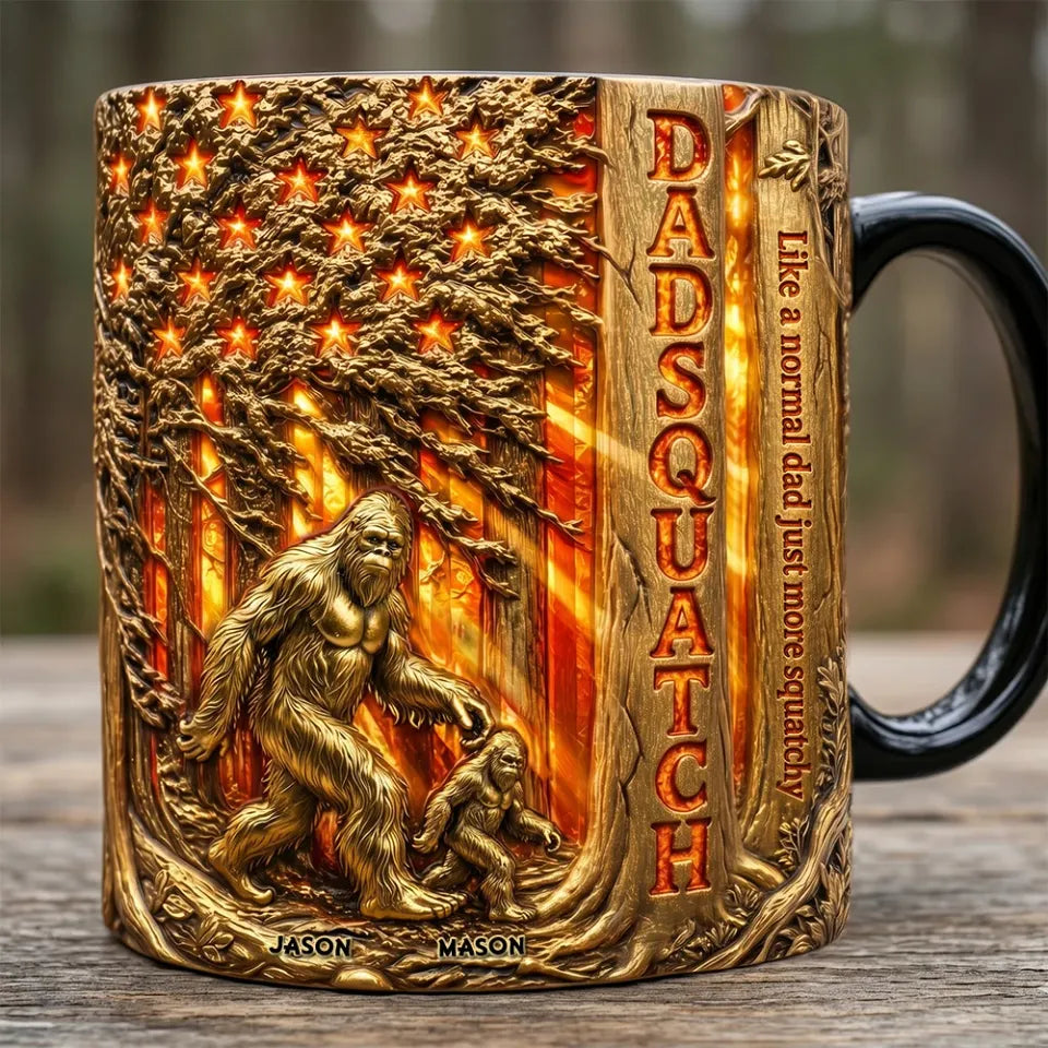 Personalized Sasquatch Dad Magic Mug, Proud American Bigfoot Ceramic Coffee Cup, Father’s Day Birthday Gift for Dad Grandpa Husband