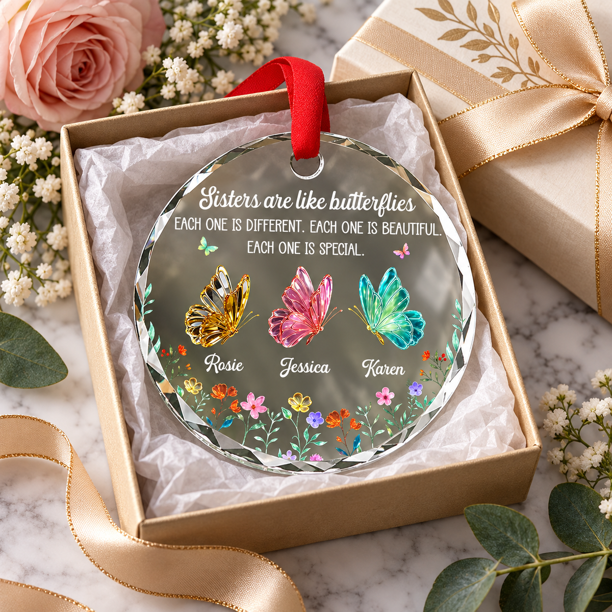 Personalized Sister Christmas Glass Ornament with Names, Custom Festive Sister Love Keepsake, Gift for Sister Sibling Best Friend