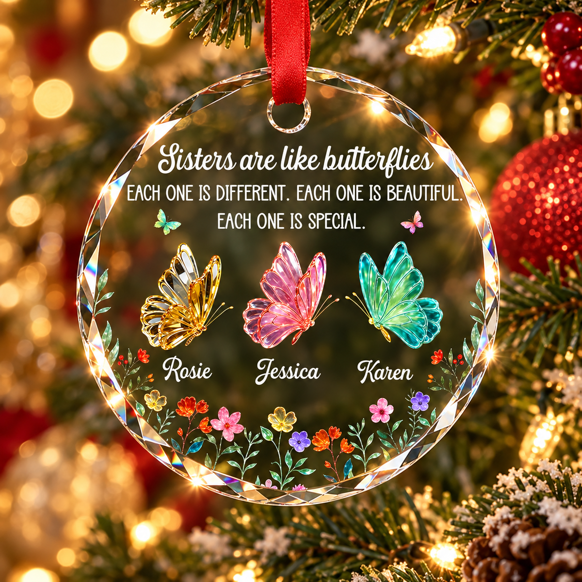 Personalized Sister Christmas Glass Ornament with Names, Custom Festive Sister Love Keepsake, Gift for Sister Sibling Best Friend