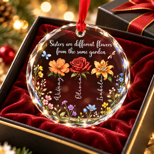 Personalized Sister 3D Glass Effect Christmas Ornament, Sisters Are Different Flowers From The Same Garden Keepsake, Gift for Sister Sibling Best Friend