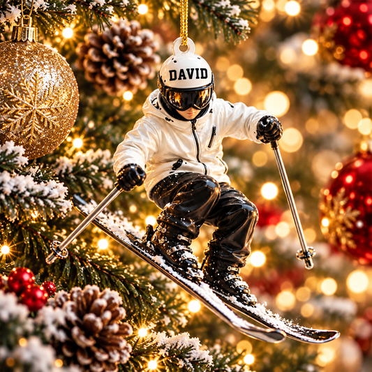 Personalized Skiing 3D Effect Christmas Ornament with Name, Custom Acrylic Ski Lover Keepsake, Gift for Skier Men Women Kids Snow Sports Enthusiasts