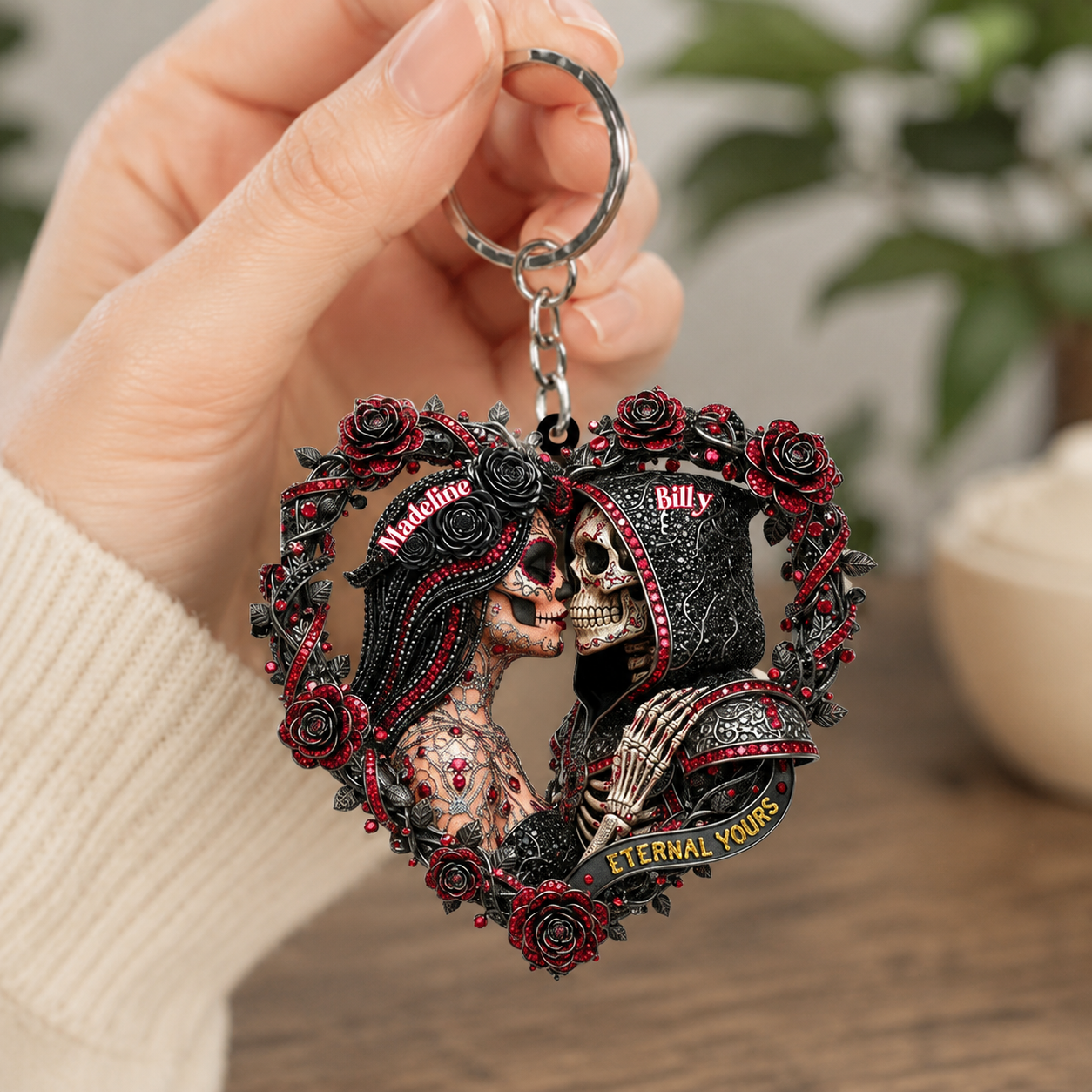 Personalized Skull Couple 3D Effect Keychain, Custom Gothic Couple Key Ring, Romantic Gift for Husband Wife Boyfriend Girlfriend