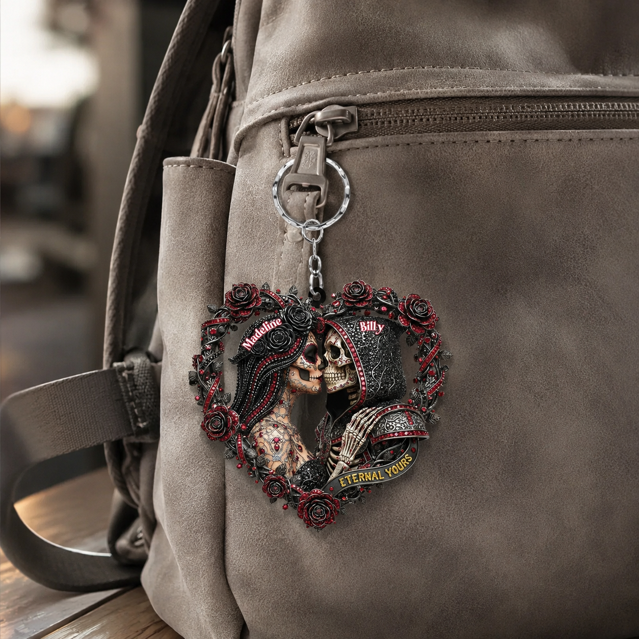 Personalized Skull Couple 3D Effect Keychain, Custom Gothic Couple Key Ring, Romantic Gift for Husband Wife Boyfriend Girlfriend