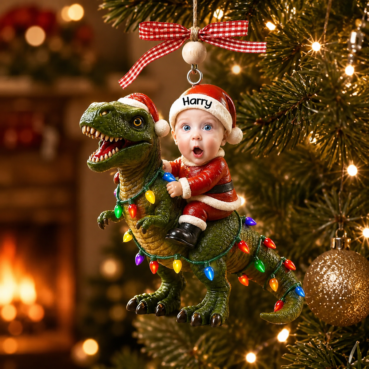 Custom Photo Santa 3D Effect Riding Dinosaur Ornament, Personalized Kid Christmas Ornament, Acrylic T-Rex Christmas Tree Decoration Gift