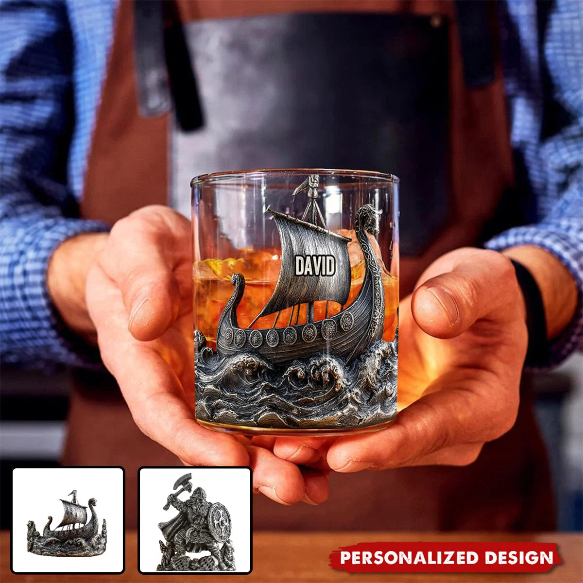 Personalized Viking Whiskey Glass 3D Effect with Name, Custom Norse Warrior 11 oz Rocks Glass, Viking Gift for Dad Husband Boyfriend