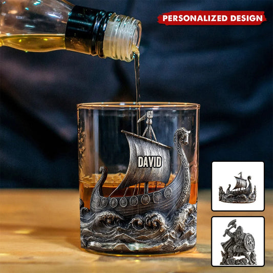 Personalized Viking Whiskey Glass 3D Effect with Name, Custom Norse Warrior 11 oz Rocks Glass, Viking Gift for Dad Husband Boyfriend