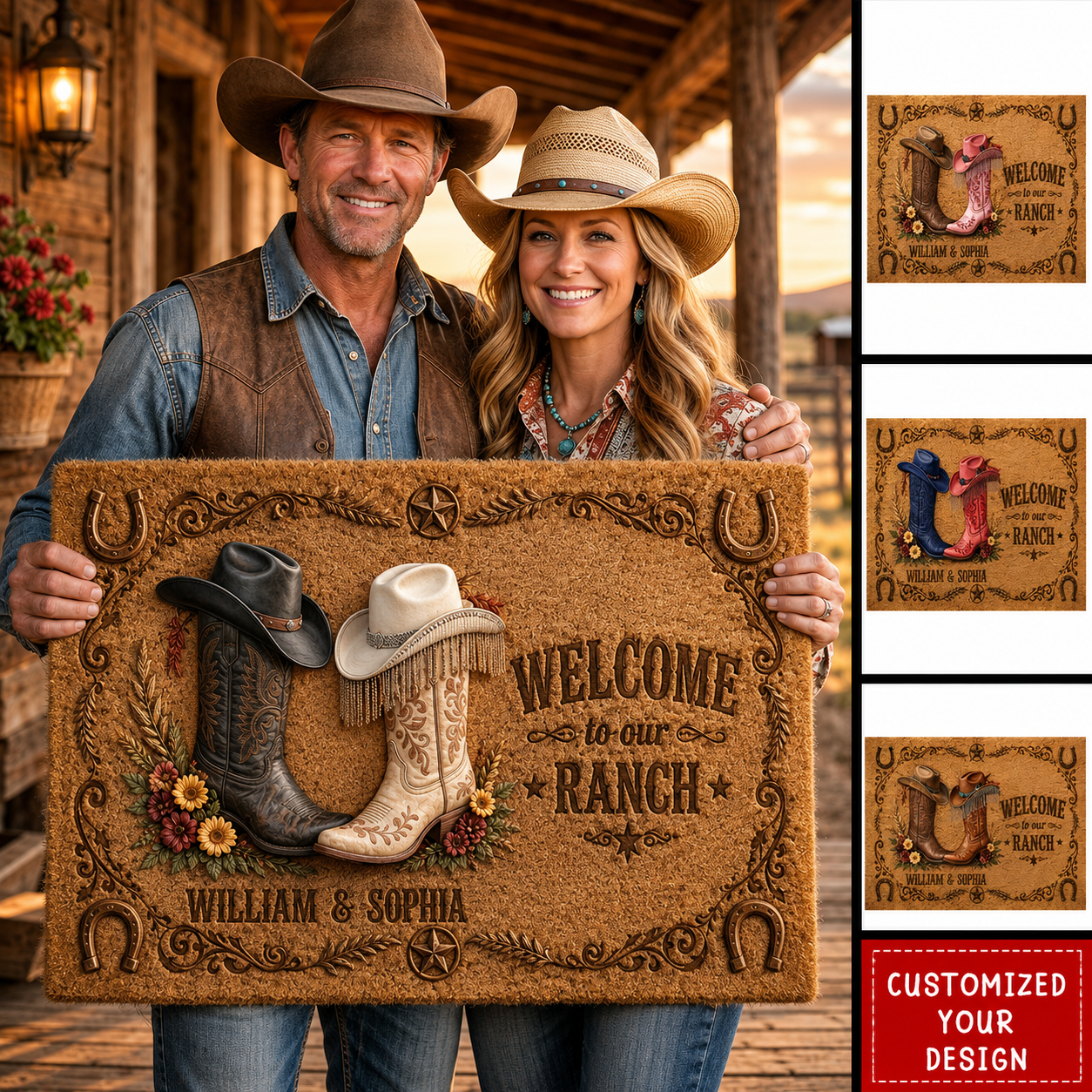 Welcome To Our Ranch Personalized Doormat, Custom Western Cowboy Cowgirl Door Mat, Rustic Farmhouse Entry Rug, Country Couple Housewarming Gift