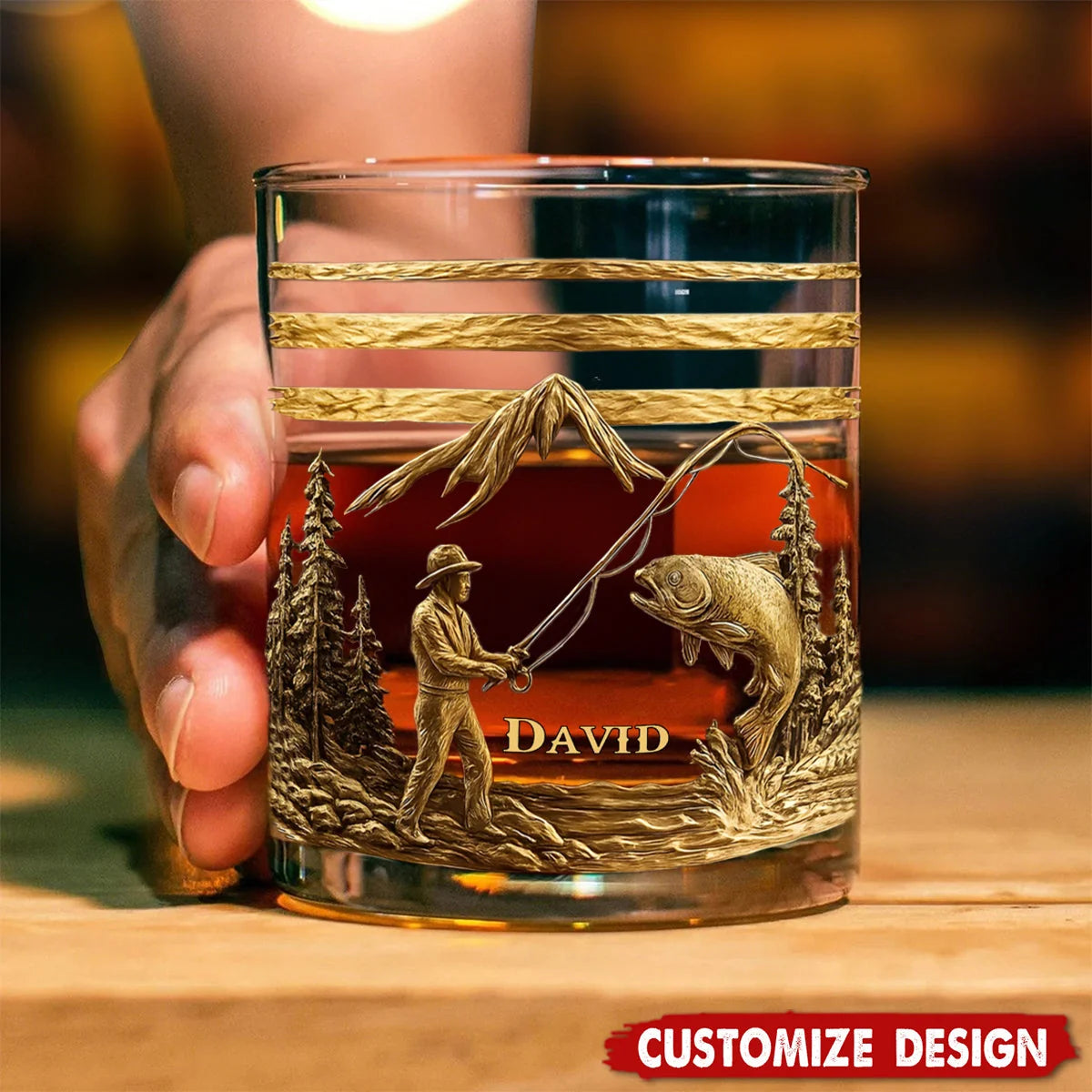 Personalized Fishing Whiskey 3D Effect Glass with Name, Custom Fisherman Rocks Glass, Fishing Gift for Dad Husband Boyfriend Angler