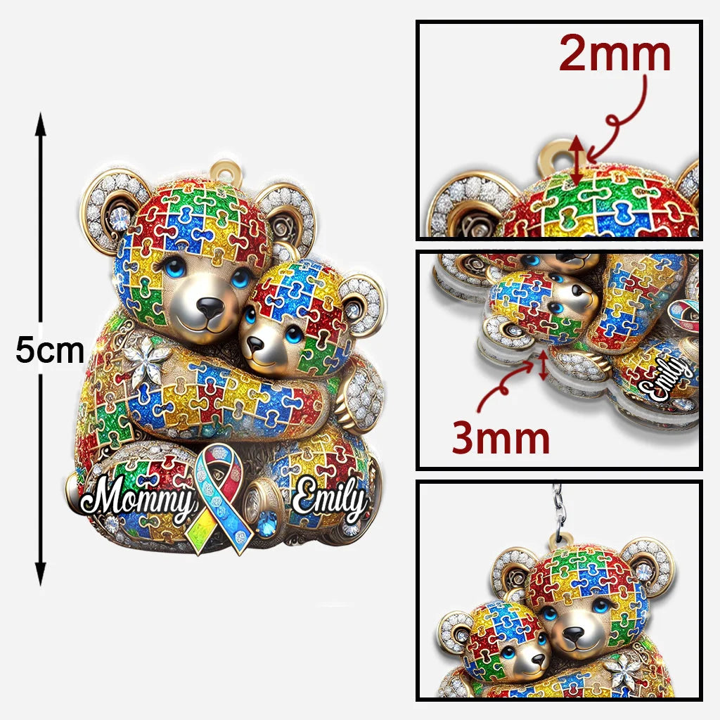 Personalized Mama Bear Autism Awareness Keychain, Custom Acrylic Wood Key Ring, Meaningful Gift for Mom Mother Family Supporter