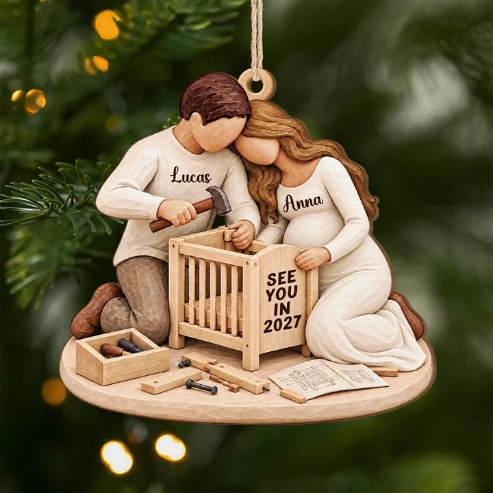 Personalized Expecting Couple Building Crib Wooden Ornament, 3D Effect Pregnancy Keepsake with Names, Gift for Parents To Be Mom Dad