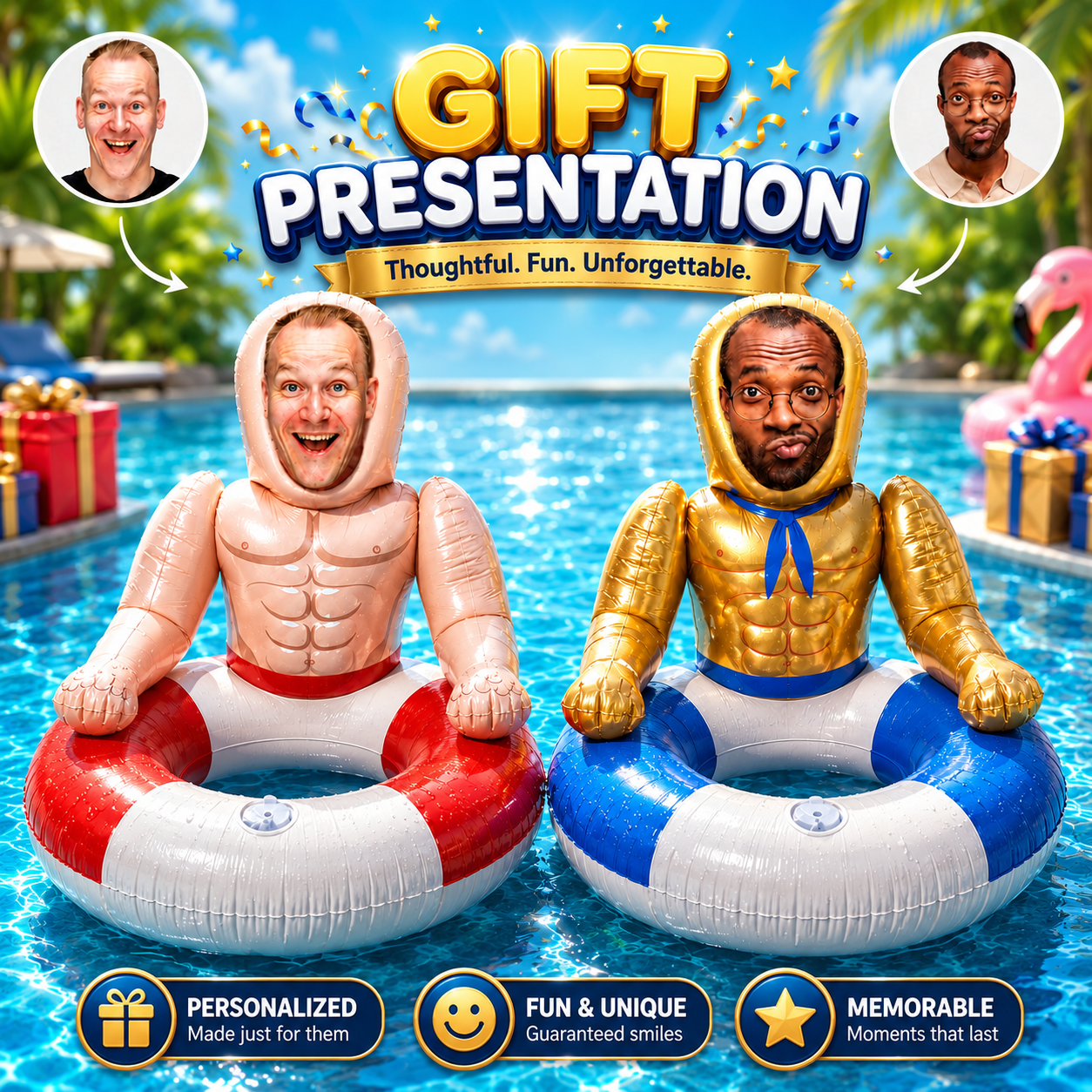 Personalized Face Pool Float with 3D Custom Photo, Funny Inflatable Pool Ring for Adults, Summer Pool Party & Beach Gift, Red Blue