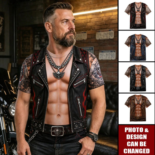 Personalized Biker Motorcycle T-Shirt, Custom Funny Faux Leather Vest Graphic Tee, Birthday Gift for Motorcycle Rider Men
