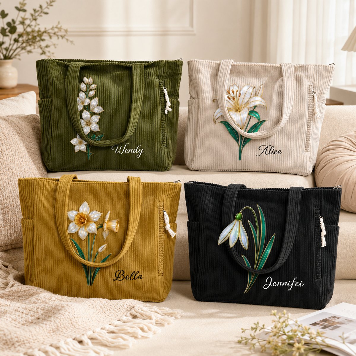 Personalized Birth Flower Tote Bag, Custom Name Corduroy Handbag with Mother of Pearl Floral Design, Birthday Gift for Women Mom