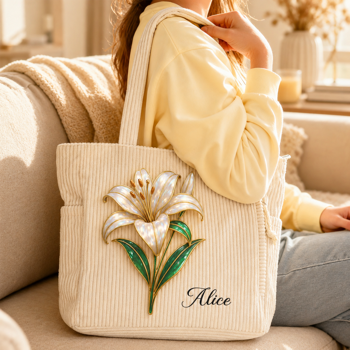 Personalized Birth Flower Tote Bag, Custom Name Corduroy Handbag with Mother of Pearl Floral Design, Birthday Gift for Women Mom