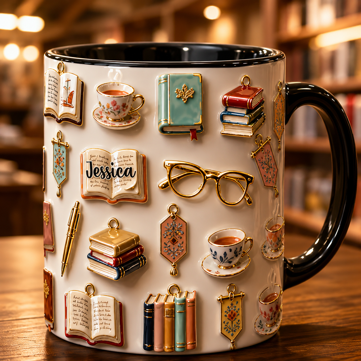 Personalized Book Lover Accent Mug 3D Effect with Custom Name, Ceramic Coffee Mug for Readers, Bookworm Gift for Women, 11oz 15oz