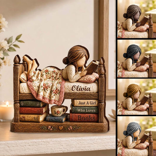 Personalized Book Lover Wooden Plaque with Name, Custom Girl Reading Desk Decor, Gift for Reader Women Daughter Sister Bookworm