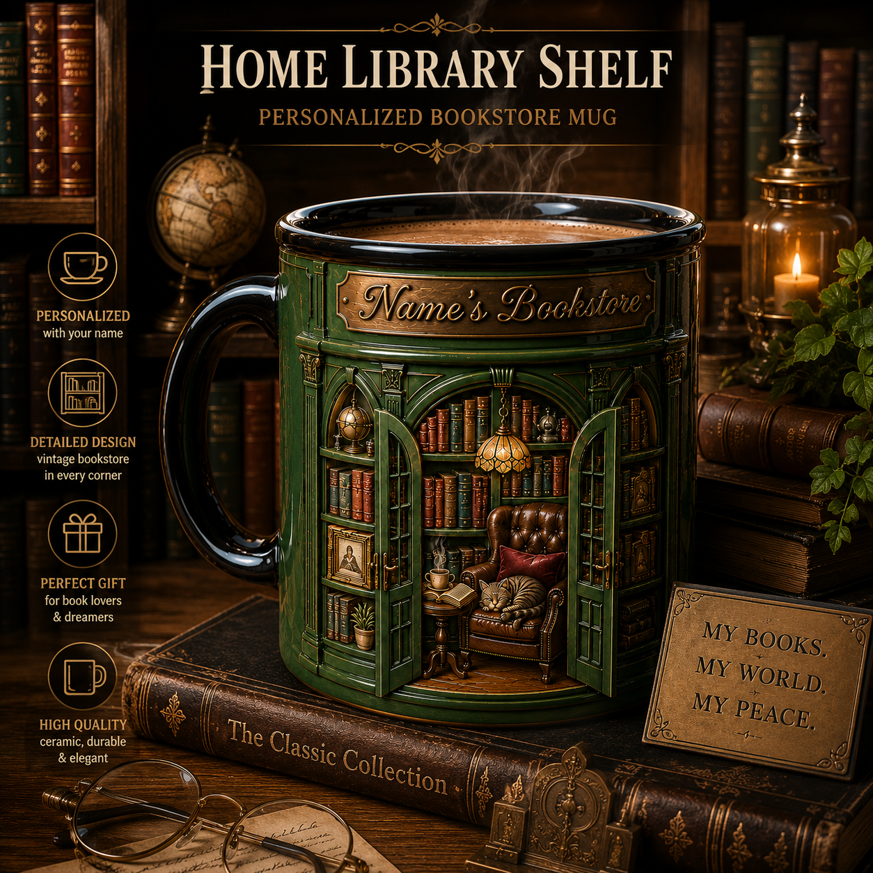 Personalized Bookstore Coffee Mug 3D Effect with Custom Name, Ceramic Book Lover Mug, Cozy Reading Gift for Readers, Librarians, 11oz 15oz