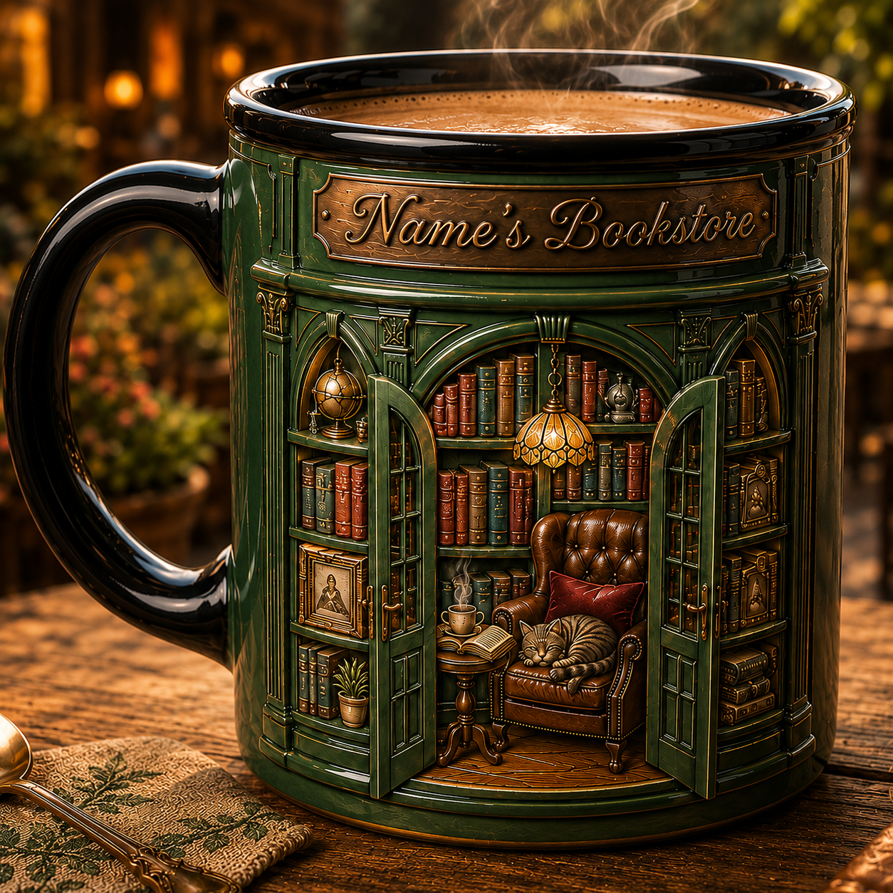 Personalized Bookstore Coffee Mug 3D Effect with Custom Name, Ceramic Book Lover Mug, Cozy Reading Gift for Readers, Librarians, 11oz 15oz