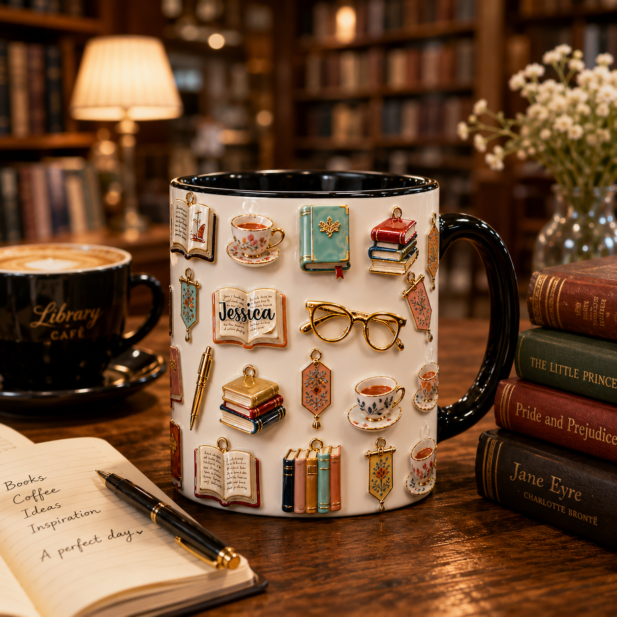 Personalized Book Lover Accent Mug 3D Effect with Custom Name, Ceramic Coffee Mug for Readers, Bookworm Gift for Women, 11oz 15oz