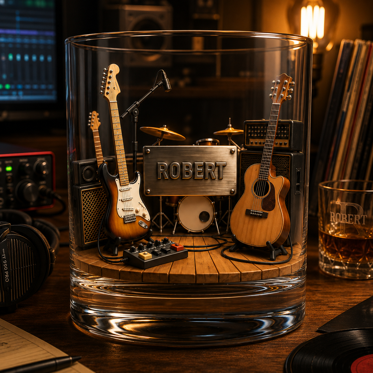 Personalized Guitar Studio Whiskey Glass 3D Effect with Name, 10oz Old Fashioned Glass Gift for Guitarists, Musicians & Music Lovers