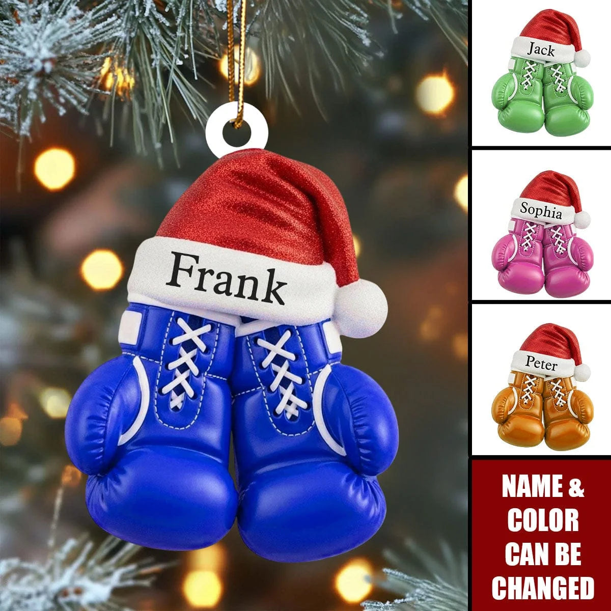 Personalized Boxing Gloves Christmas Ornament with Name, Custom Boxer Acrylic Keepsake with Santa Hat, Gift for Boxer Boxing Coach Fighter