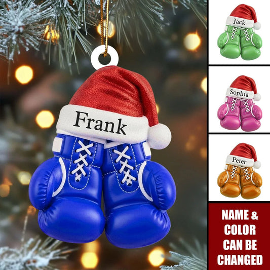 Personalized Boxing Gloves Christmas Ornament with Name, Custom Boxer Acrylic Keepsake with Santa Hat, Gift for Boxer Boxing Coach Fighter