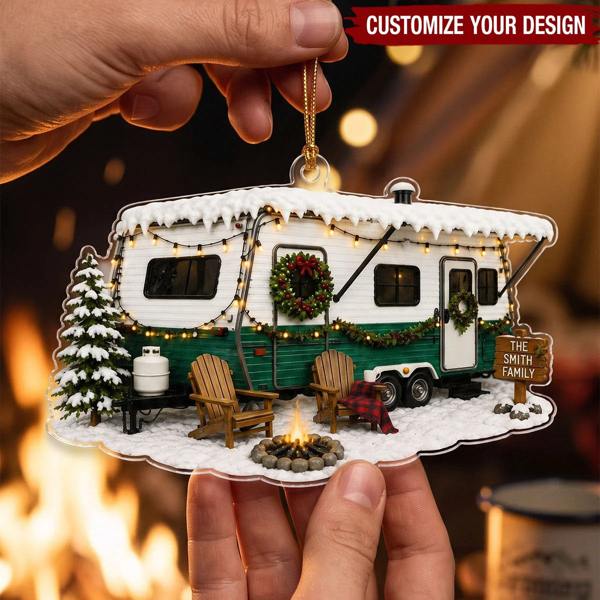 Personalized Camping Trailer Christmas Ornament, Custom RV Family Acrylic Keepsake, Gift for Camper Couple Parents Grandparents Travelers