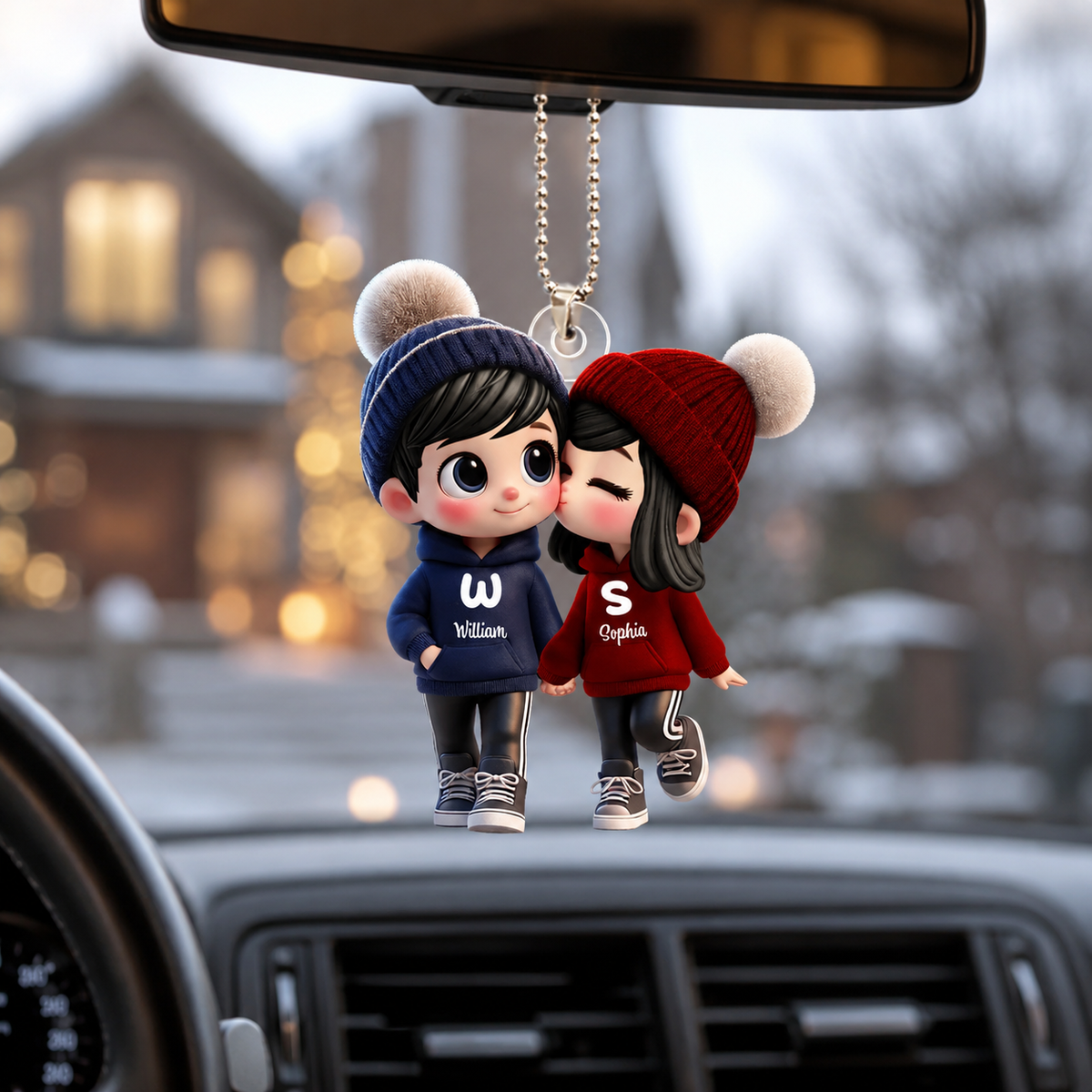Personalized Cartoon Couple 3D Effect Car Ornament with Names, Custom Couple Acrylic Car Charm, Gift for Boyfriend Girlfriend Husband Wife