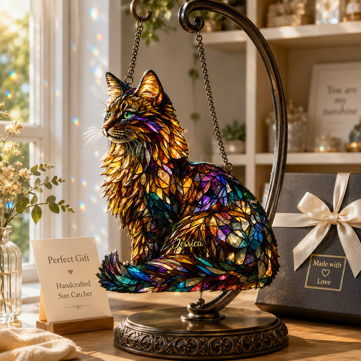 Personalized Maine Coon Cat 3D Window Hanging Suncatcher Ornament, Custom Acrylic & Wood Sun Catcher with Name, Cat Lover Gift