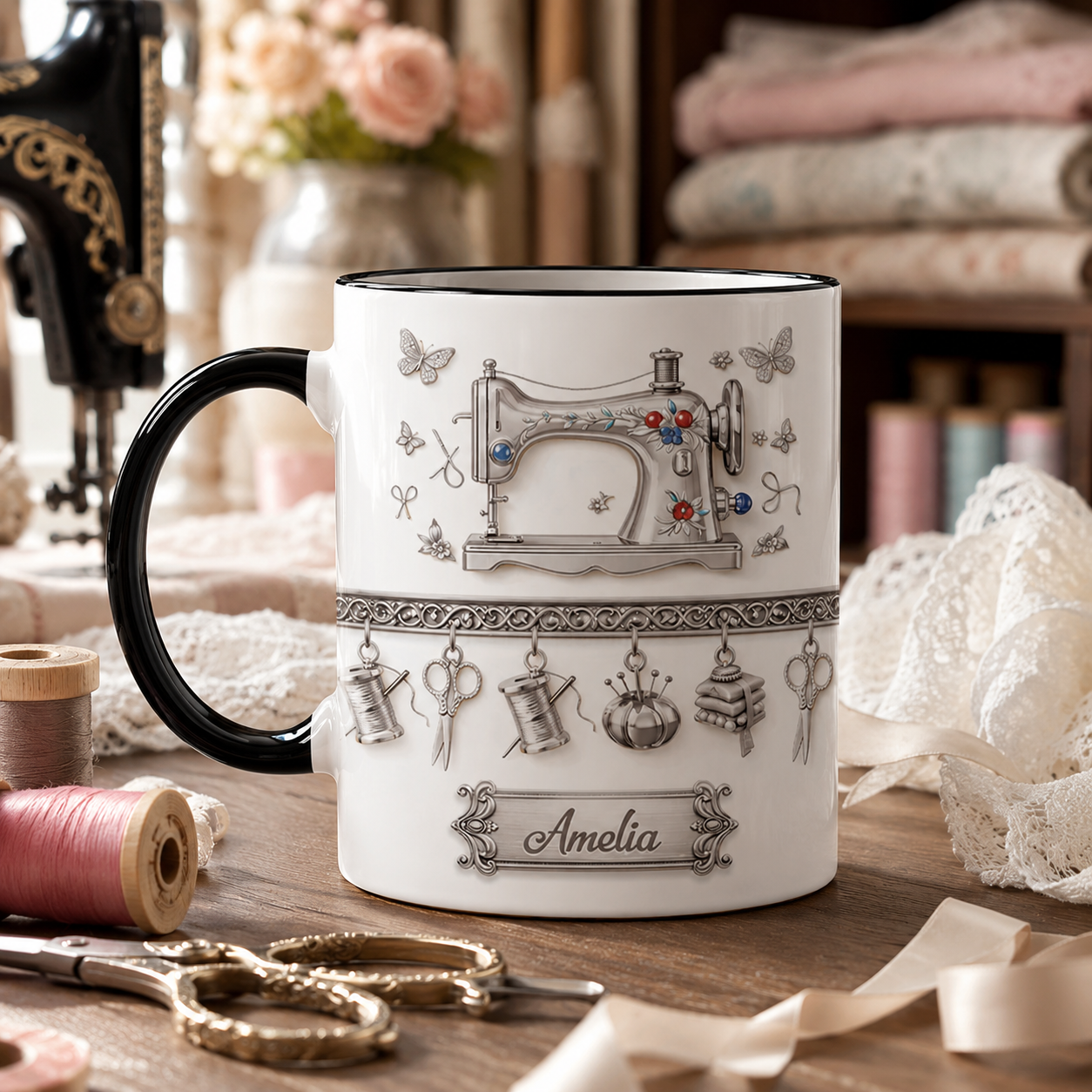 Personalisierte Nähmaschinen-Tasse – Geschenk für sie mit 3D-Effekt