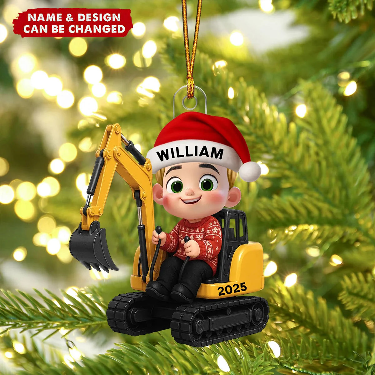 Personalized Construction Vehicle Christmas Ornament with Name, 3D Effect Excavator Backhoe Tractor Acrylic Keepsake, Gift for Little Boy Kid