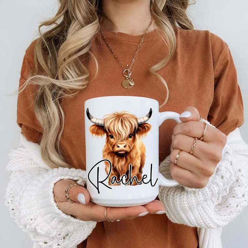 Personalized Highland Cow Coffee Mug, Custom Cute Cow Ceramic Cup, Gift for Cow Lover Women Friend Mom Birthday Gift for Her