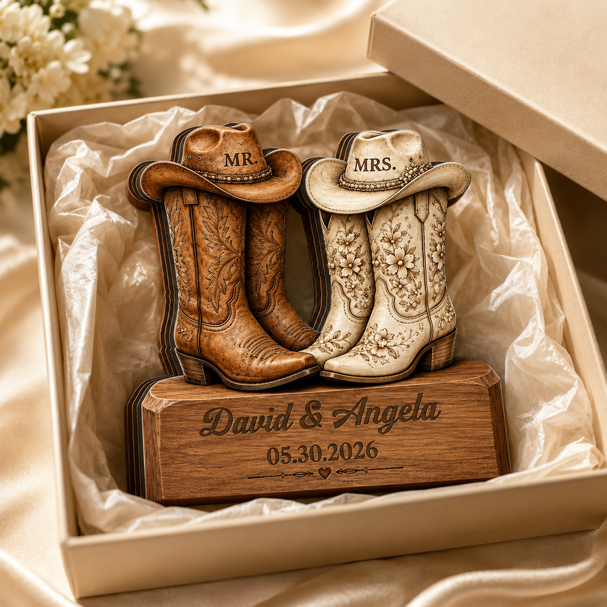 Personalized 3D Effect Cowboy Boots Wooden Plaque, Custom Western Wedding Gift, Mr & Mrs Rustic Country Couple Decor