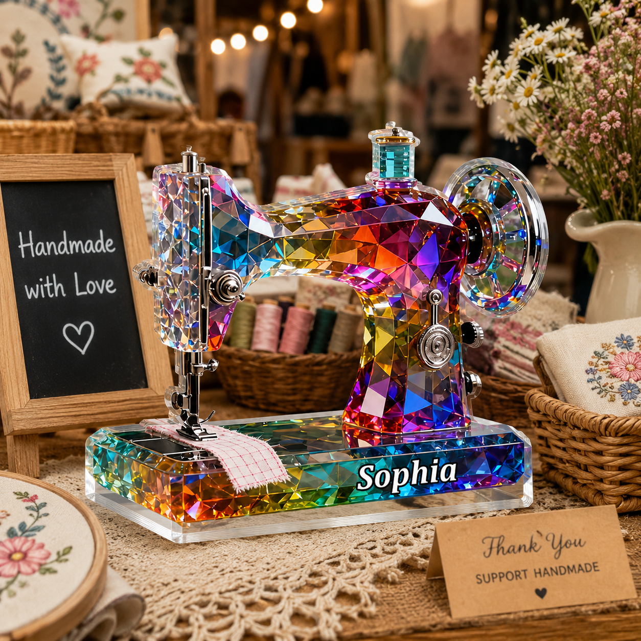 Stained Glass Sewing Machine Personalized 3D Effect Acrylic Plaque with Name, Custom Sewing Room Decor Gift for Quilters & Sewing Lovers
