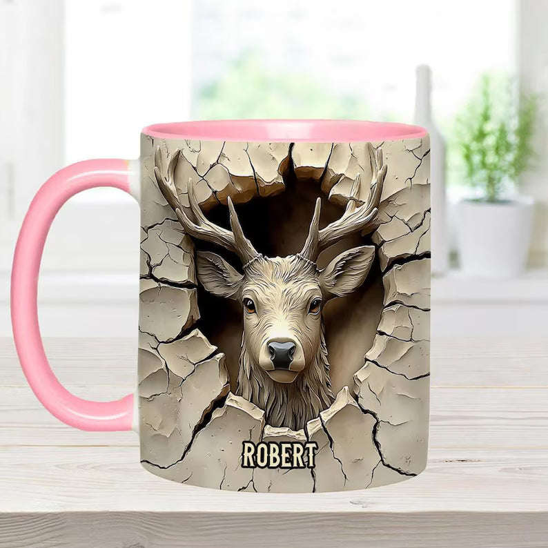 Personalized Deer Hunting Mug, Custom Embossed Effect Buck Ceramic Coffee Cup, Gift for Hunter Dad Husband Grandpa Outdoorsman
