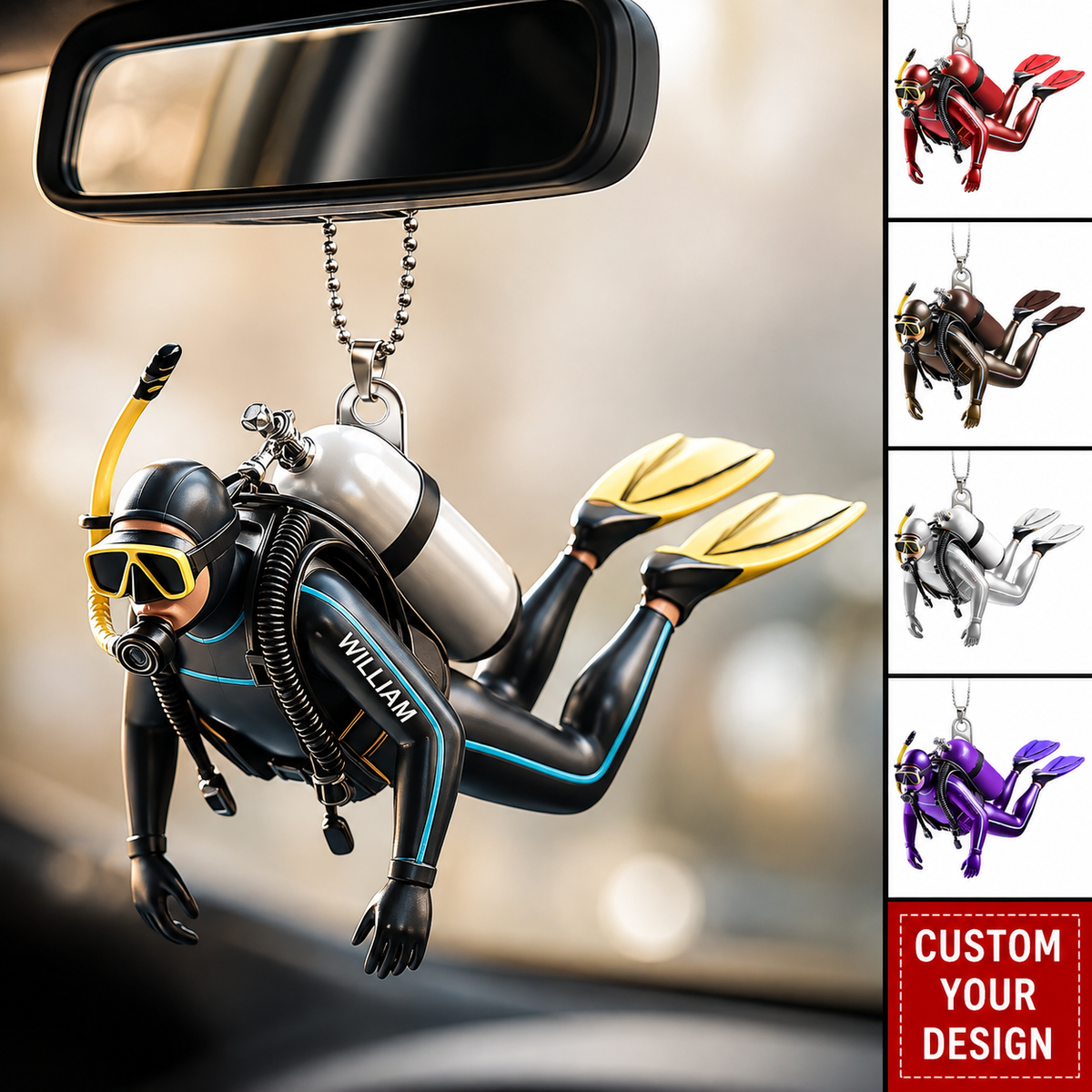 Personalized Scuba Diver Car 3D Effect Ornament, Custom Acrylic Diving Car Hanging Ornament with Name, Scuba Diving Gift for Divers