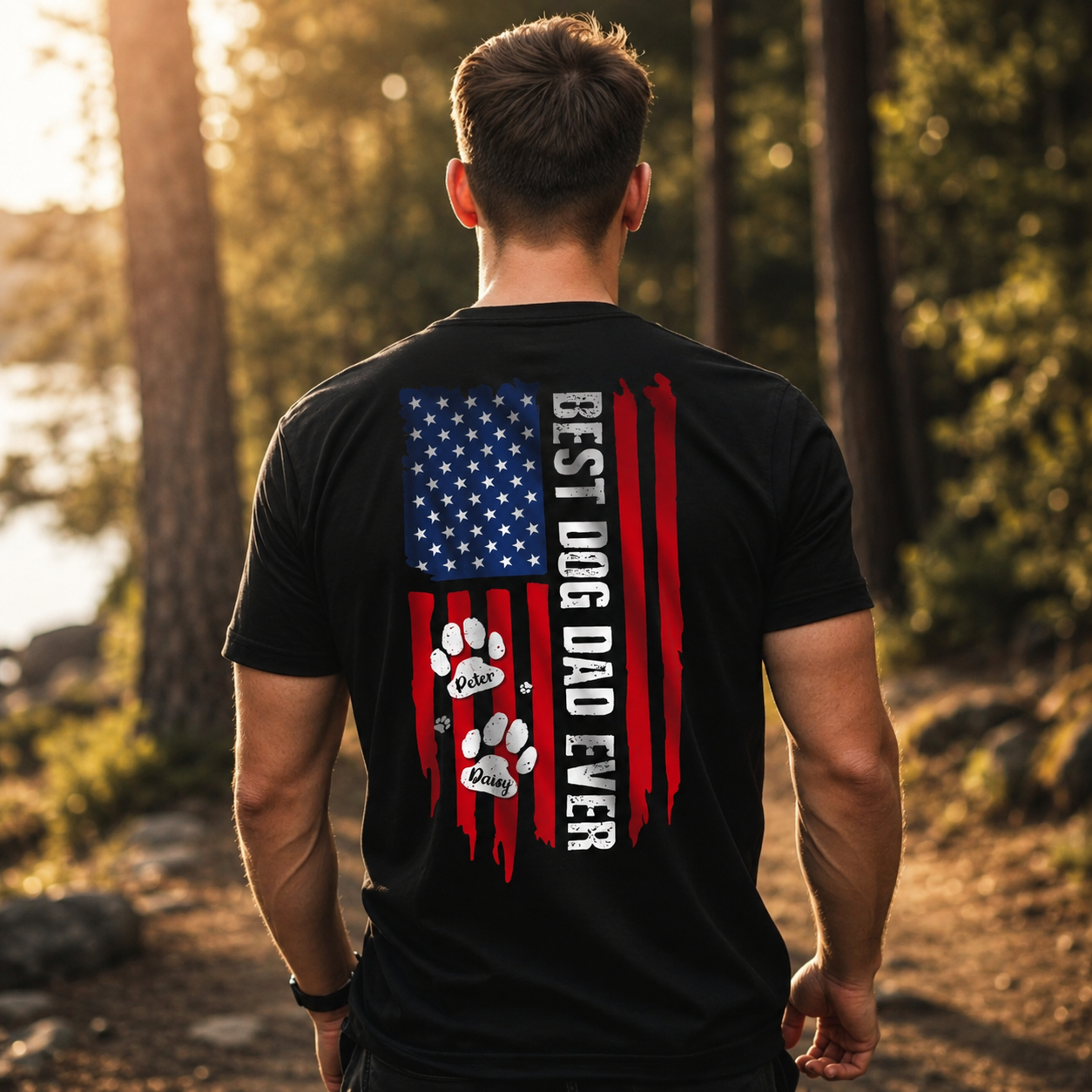 Best Dog Dad Ever American Flag Shirt – Personalized Paw Back Print