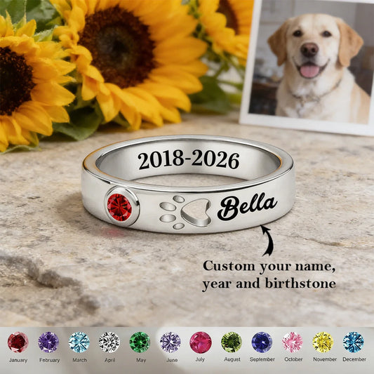 Personalized Pet Memorial Birthstone Ring with Name, In Loving Memory of My Furry Friend Keepsake, Sympathy Gift for Dog Cat Loss