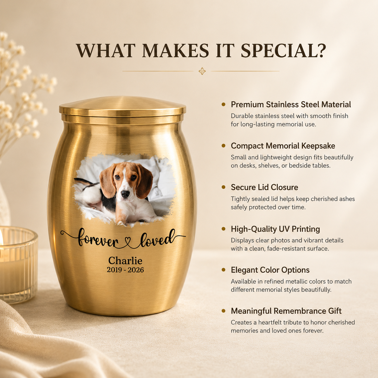 Forever Loved Photo Mini Urn – Personalized Pet Memorial Urn, Custom Dog Cat Ashes Keepsake with Name & Year