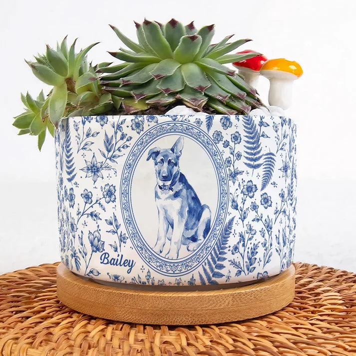 Personalized Pet Portrait Planter, Custom Dog Cat Memorial Ceramic Plant Pot with Bamboo Tray, Pet Loss Remembrance Gift for Pet Lover