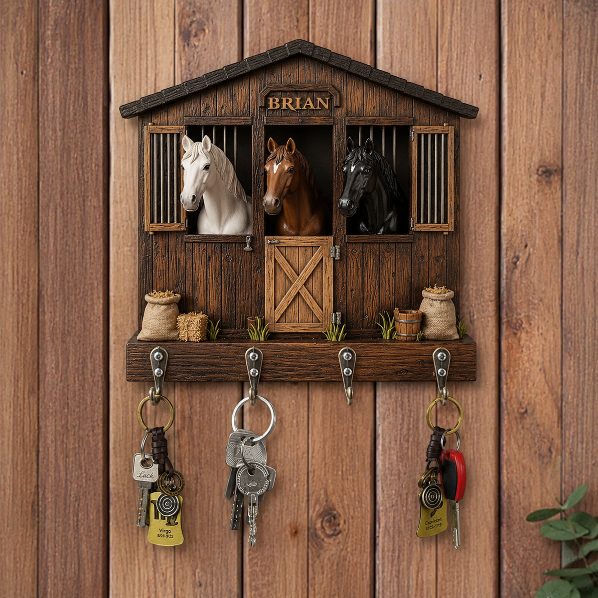 Personalized Horse Barn 3D Effect Key Holder, Custom Name Horse Stable Wall Hanging Rack, Wooden Equestrian Key Organizer Gift for Horse Lovers