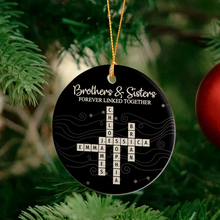 Personalized Sibling Ceramic Ornament with Names, Brothers Sisters Forever Linked Together Christmas Ornament, Gift for Brother Sister