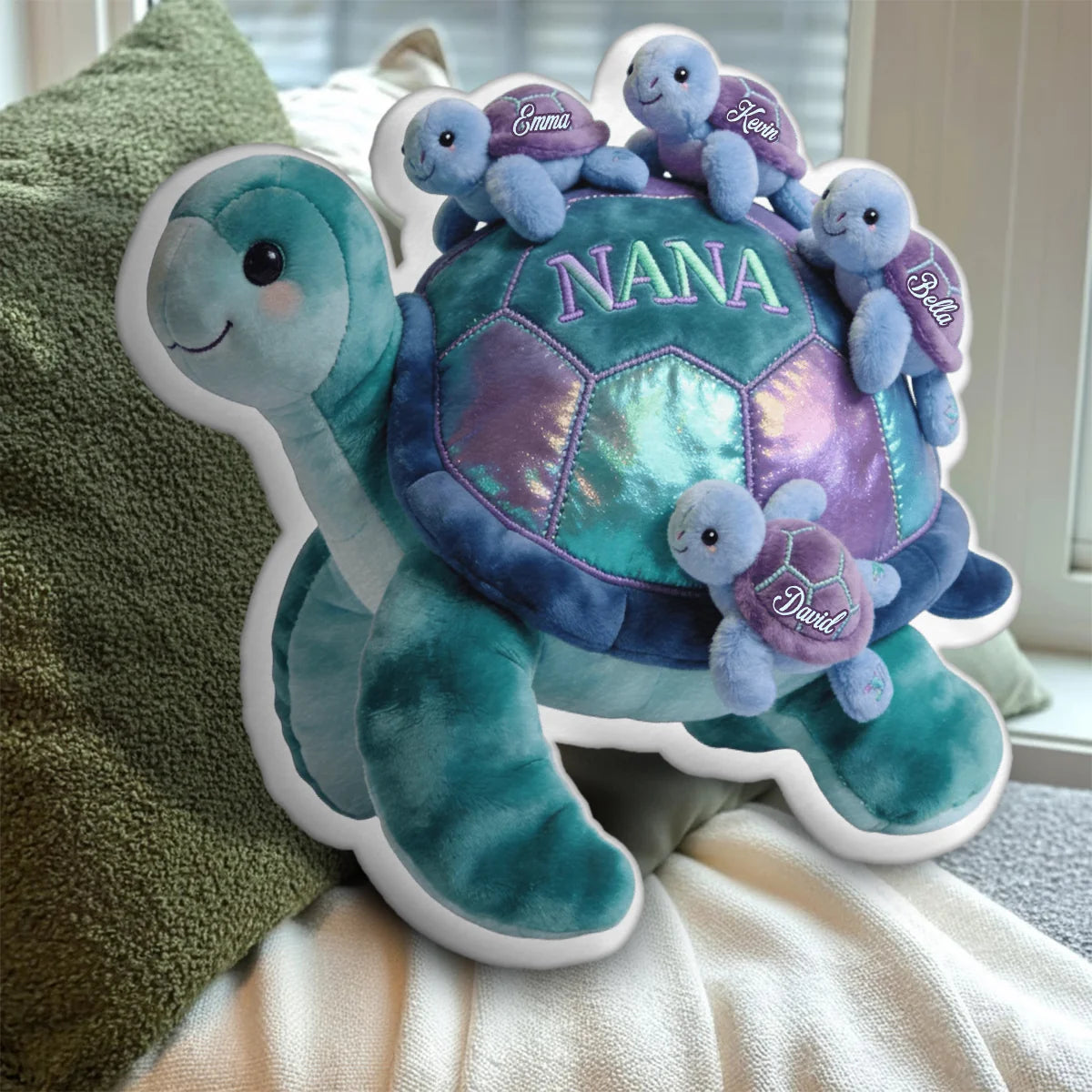 Personalized Nana Turtle Faux Fur Shaped Pillow, Custom Grandma Pillow with Family Design, Gift for Mom Grandma Nana from Grandkids