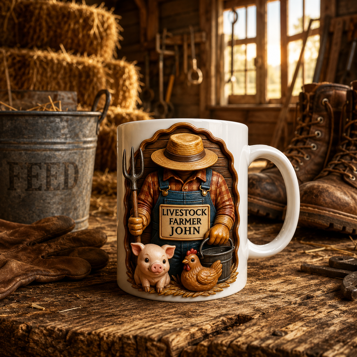 Personalized Livestock Farmer 3D Coffee Mug, Custom Farmer Mug with Name &amp; Title, Pig and Chicken Gift for Farmers