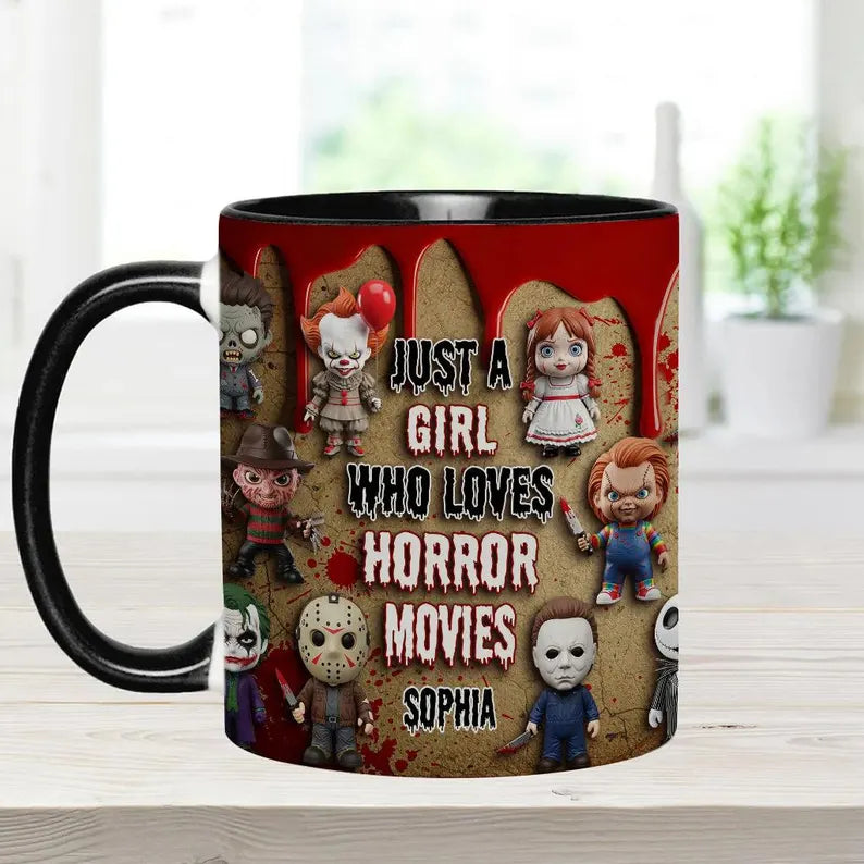 Personalized Horror Movie 3D Effect Accent Mug, Just A Girl Who Loves Horror Movies Ceramic Coffee Cup, Halloween Gift for Horror Fan Women